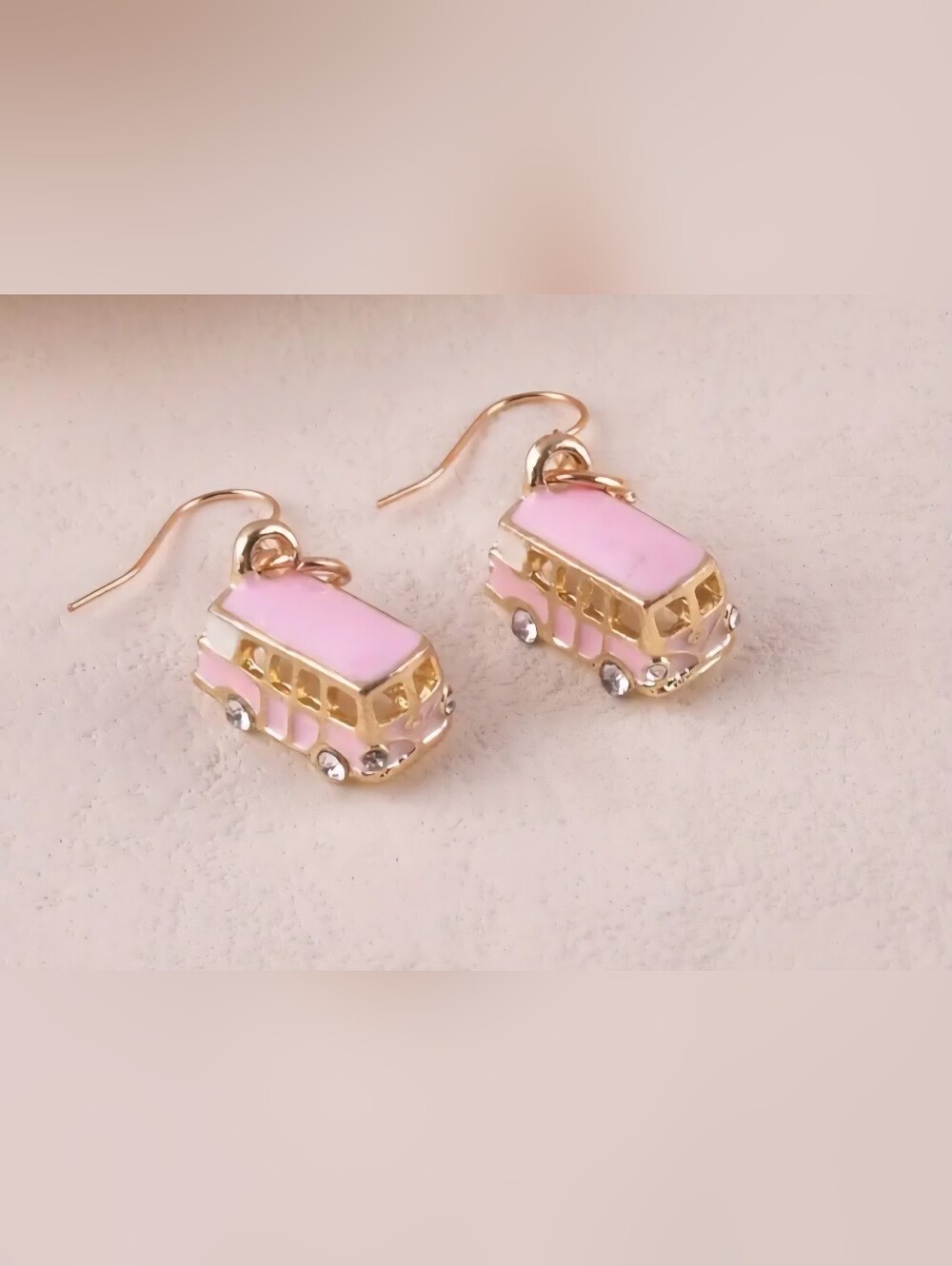 Gold-Tone Pink Enamel Bus Dangle Earrings With Rhinestone Wheels